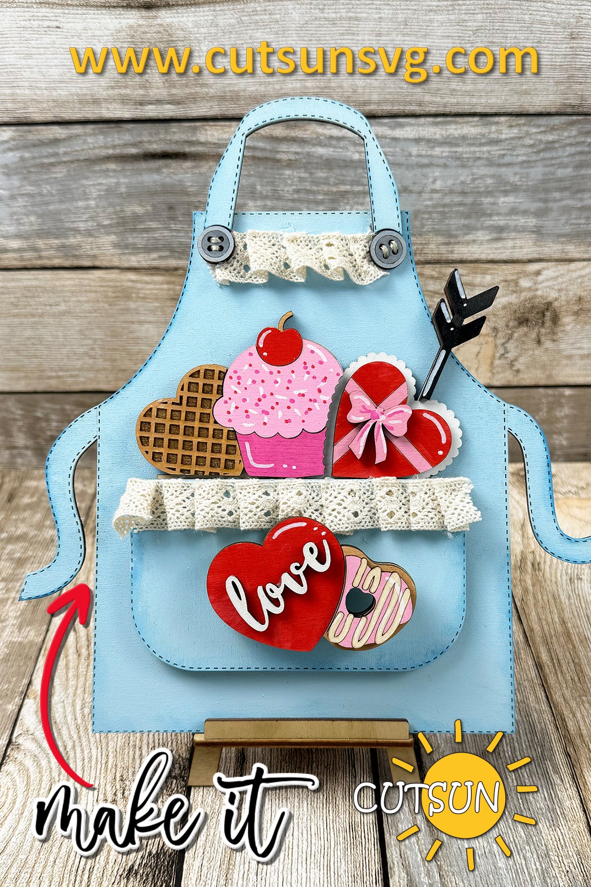 Valentine’s Day Apron Shelf Sitter SVG Add-On – Hearts, Cupcake & Love Plaque | Laser Cut File