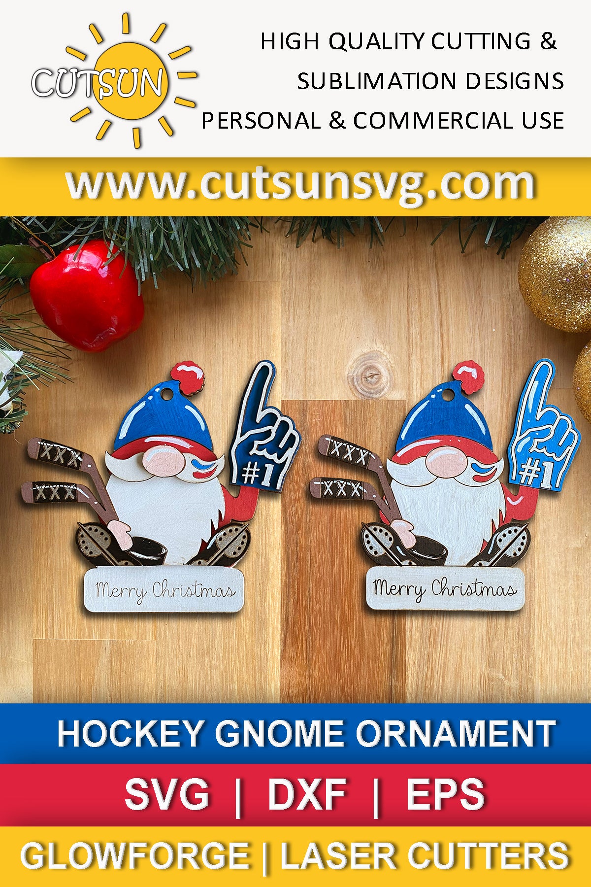 Hockey Gnome SVG | Custom Hockey Ornament Laser Cut File | Personalized Christmas Charm SVG