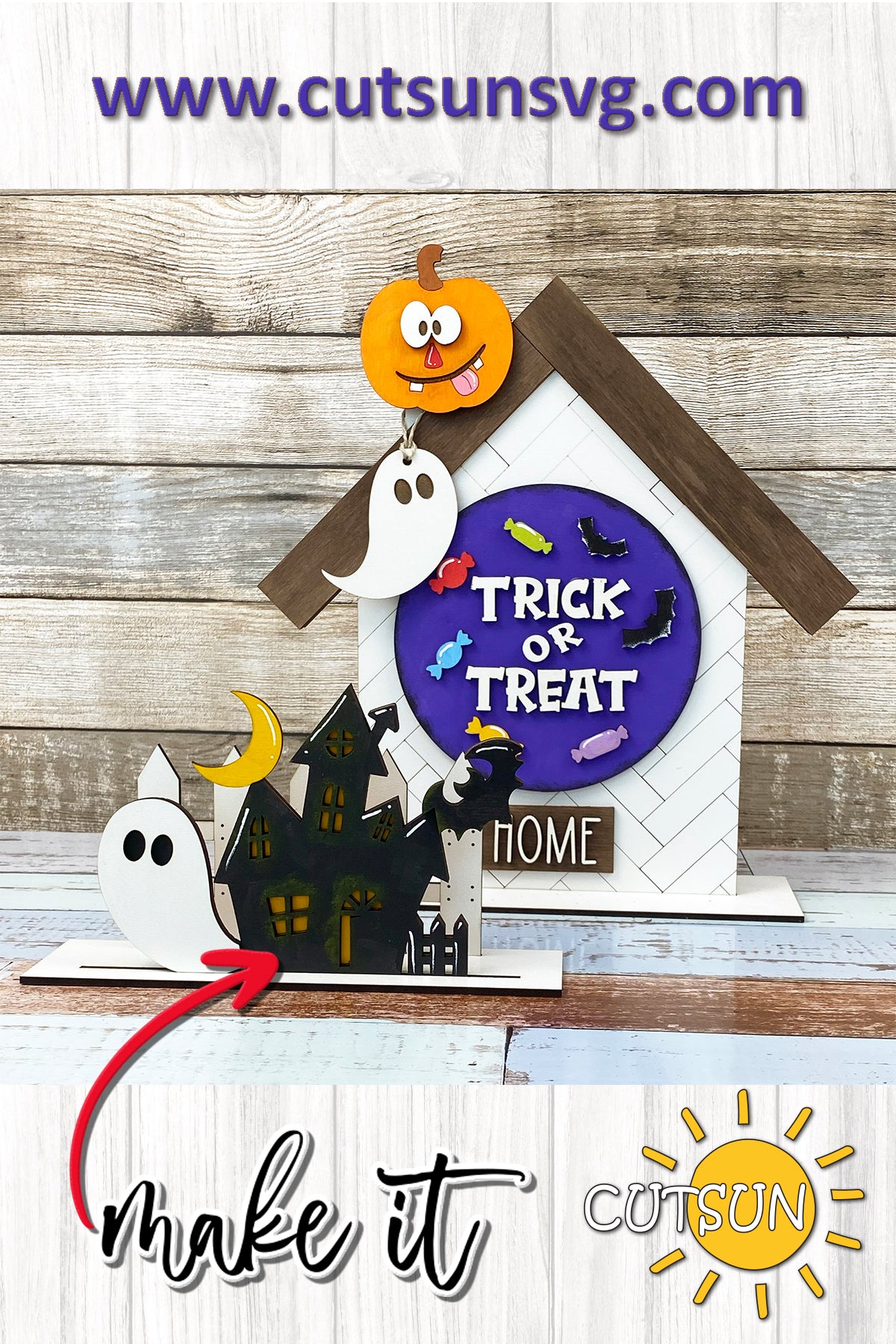 Halloween Add-On SVG for Interchangeable Shelf Decor | House and Fence Set Trick or Treat Laser Cut File | Halloween SVG