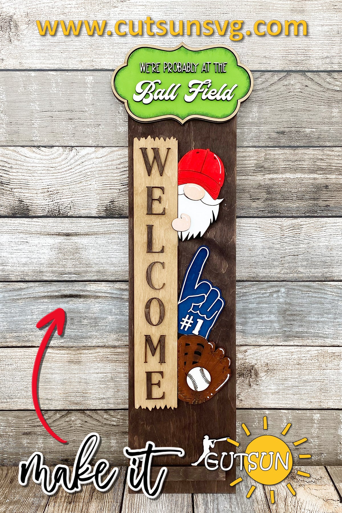 Baseball gnome Vertical porch sign SVG Laser cut file