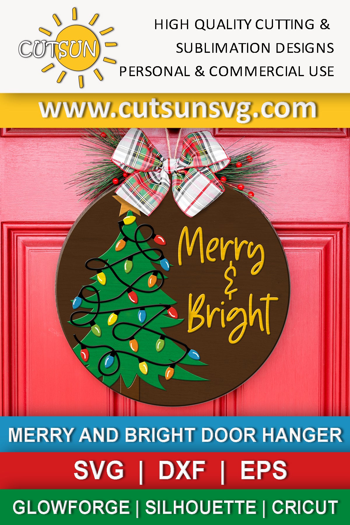 Christmas door hanger SVG file featuring a Christmas tree with Christmas lights and a star topper