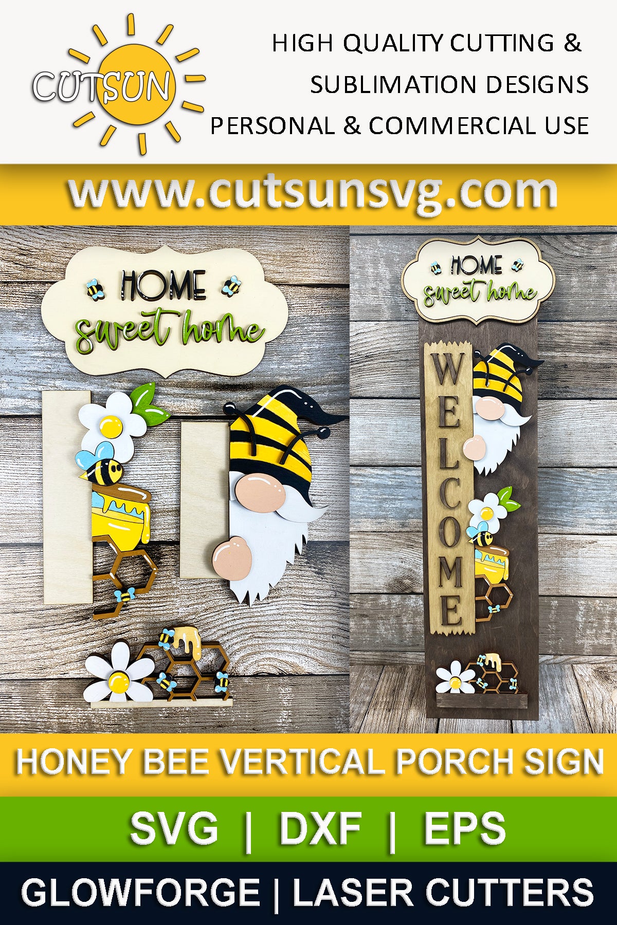 Honey Bee porch sign add-on with a free Interchangeable Porch leaner SVG Gnome vertical porch sign SVG Summer porch decor Laser cut file