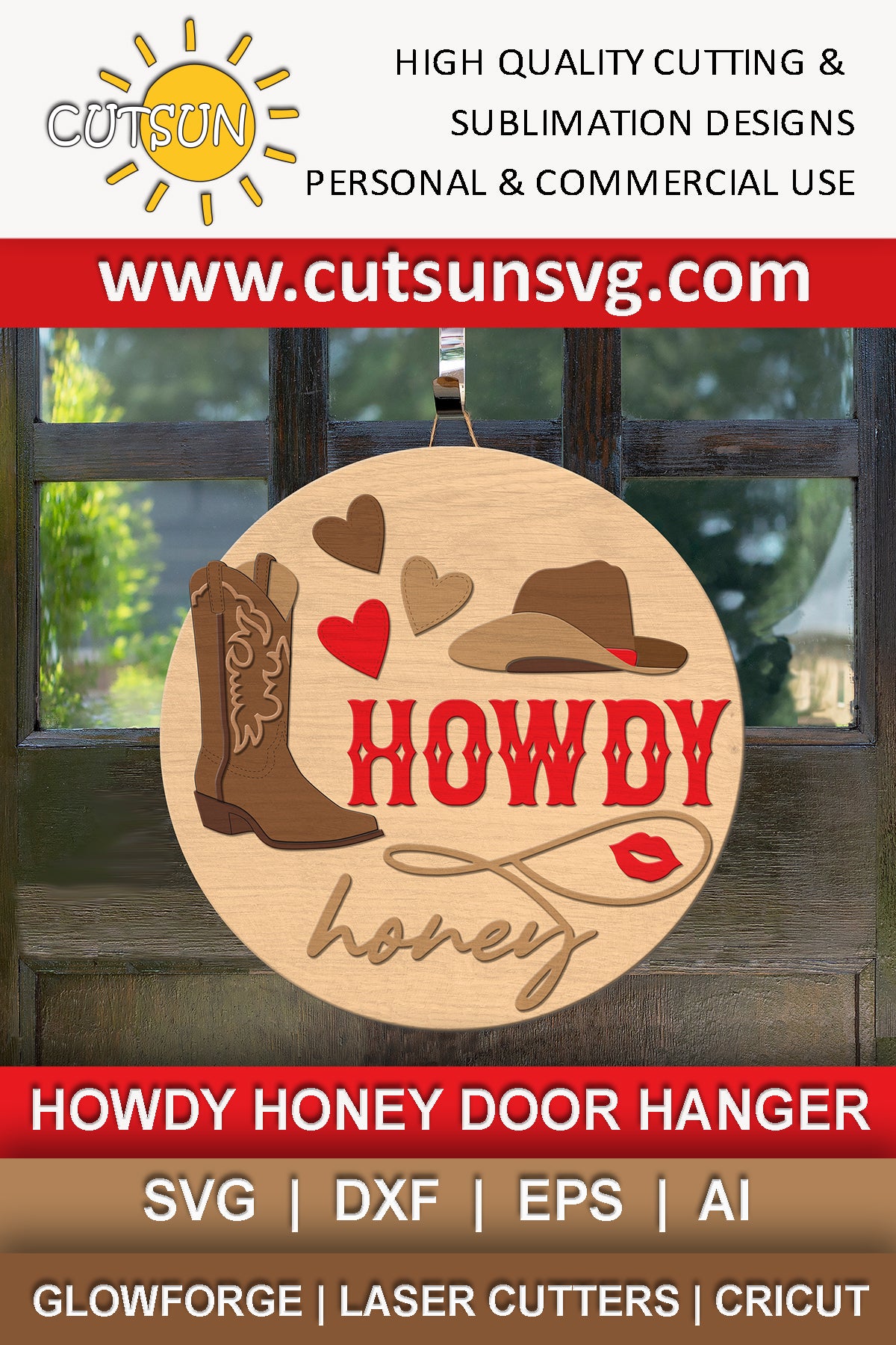 SVG digital download for use with laser cutters featuring a western design with a cowboy boot, a cowboy hat and a lasso and the words 'howdy honey'