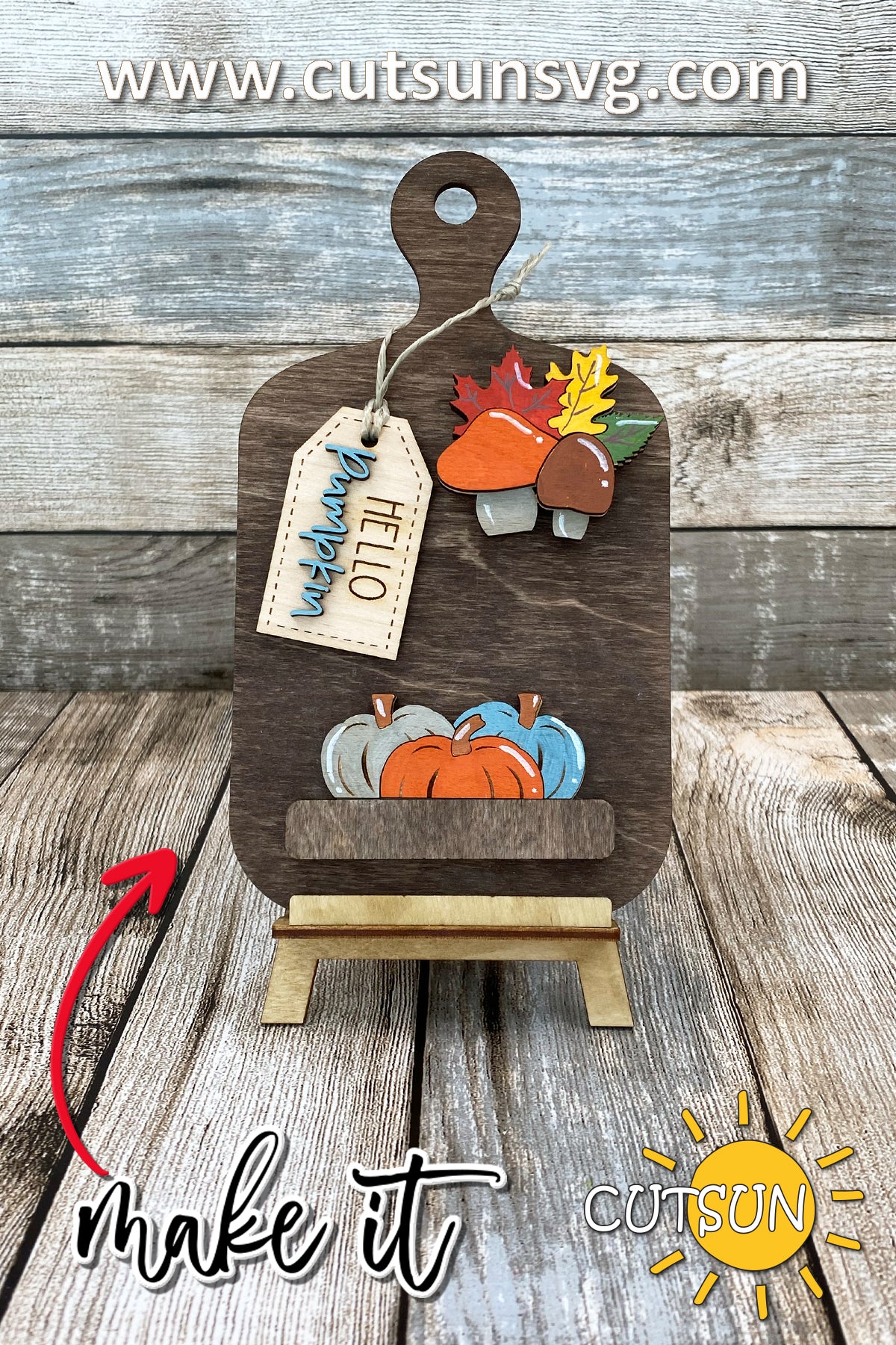 Hello Pumpkin Fall Decor SVG | Interchangeable Cutting Board Decor | Pumpkin and Mushroom Fall Shelf Laser Cut File