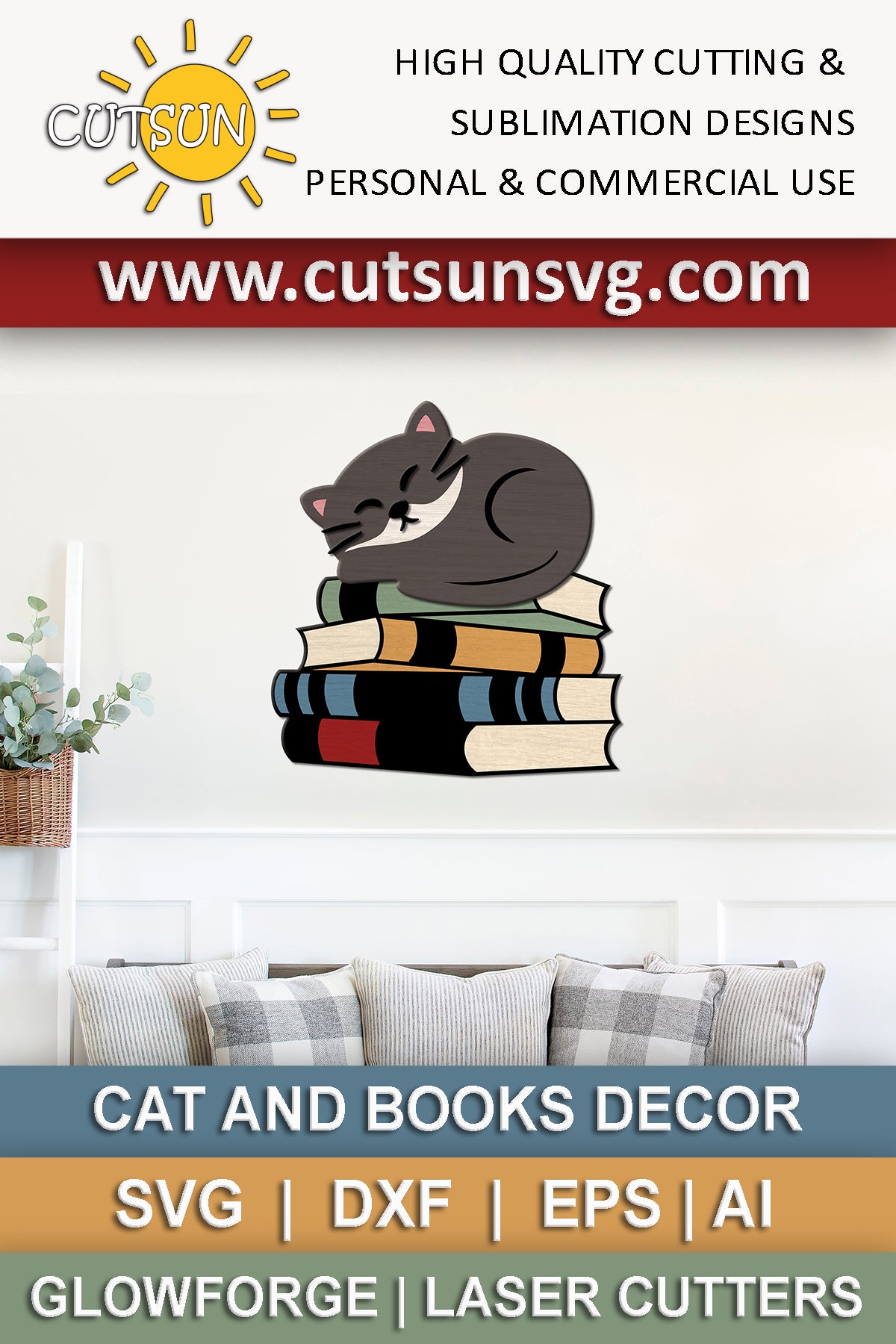 Cat on books door hanger / wall decor SVG Glowforge svg Laser cut file