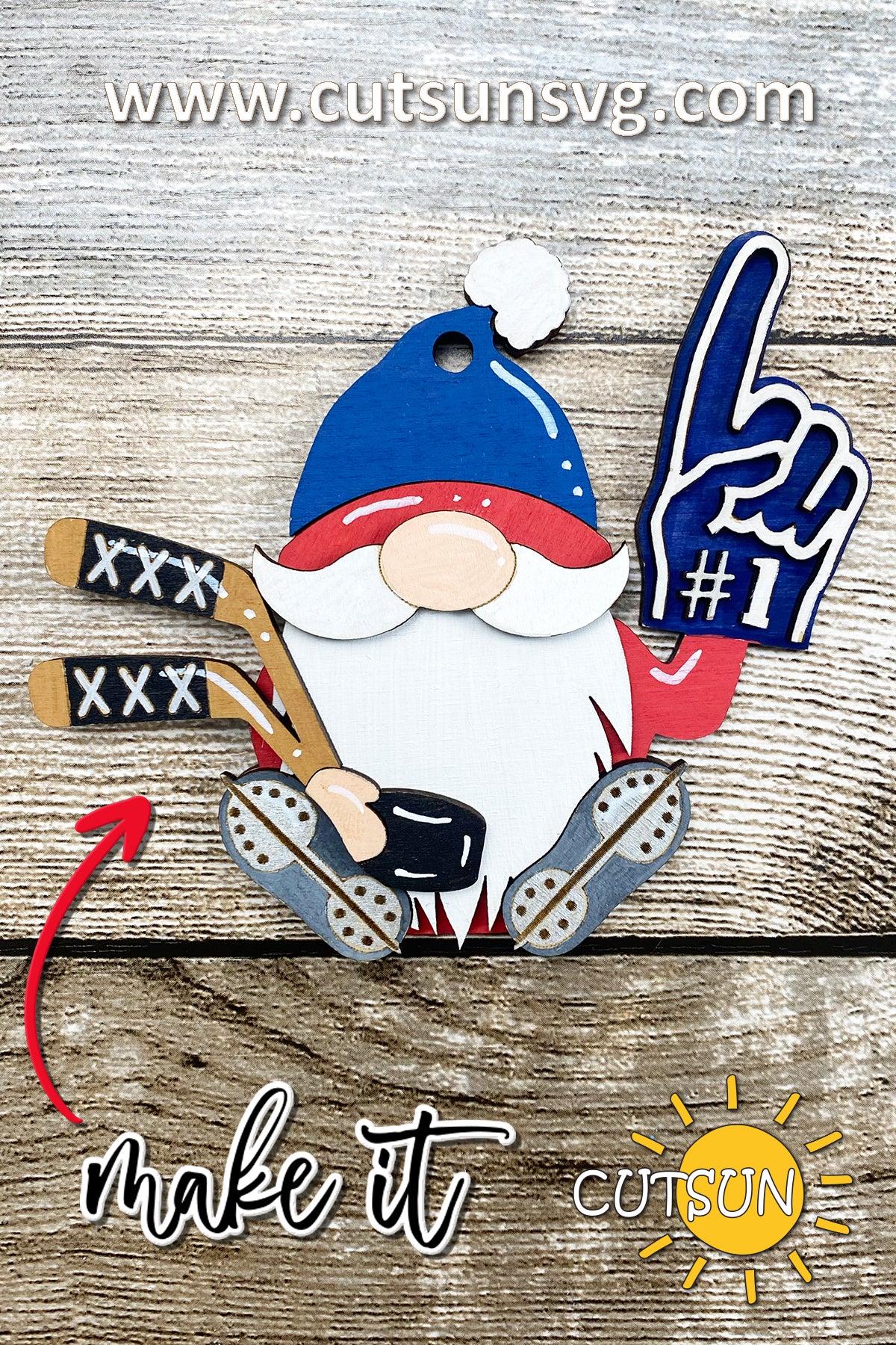 Hockey Gnome SVG | Hockey Ornament Laser Cut File | Gnome Car Charm & Christmas Ornament SVG