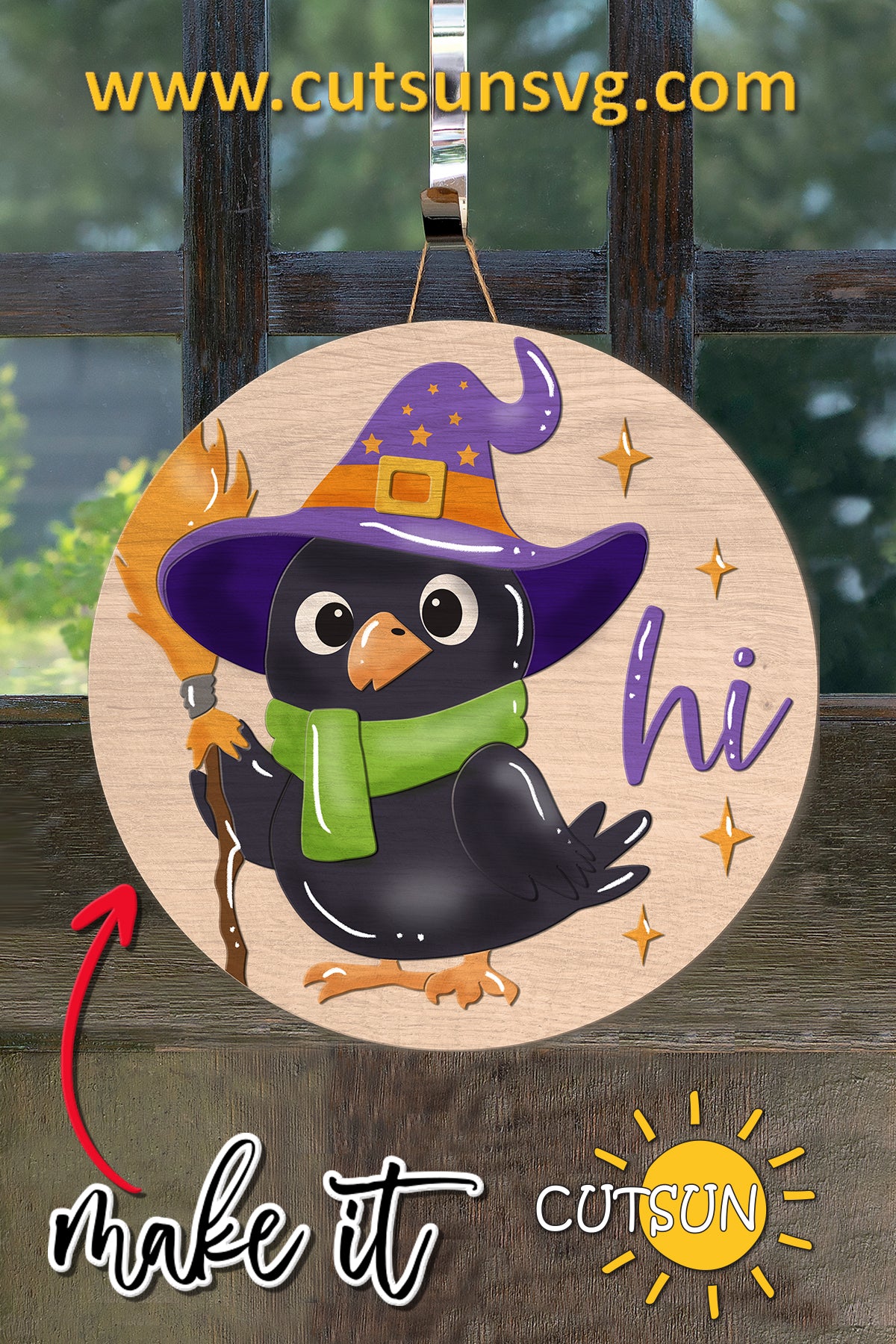 Halloween Crow Round Sign SVG – Witch Crow Laser Cut File for Fall Door Hanger & Seasonal Décor