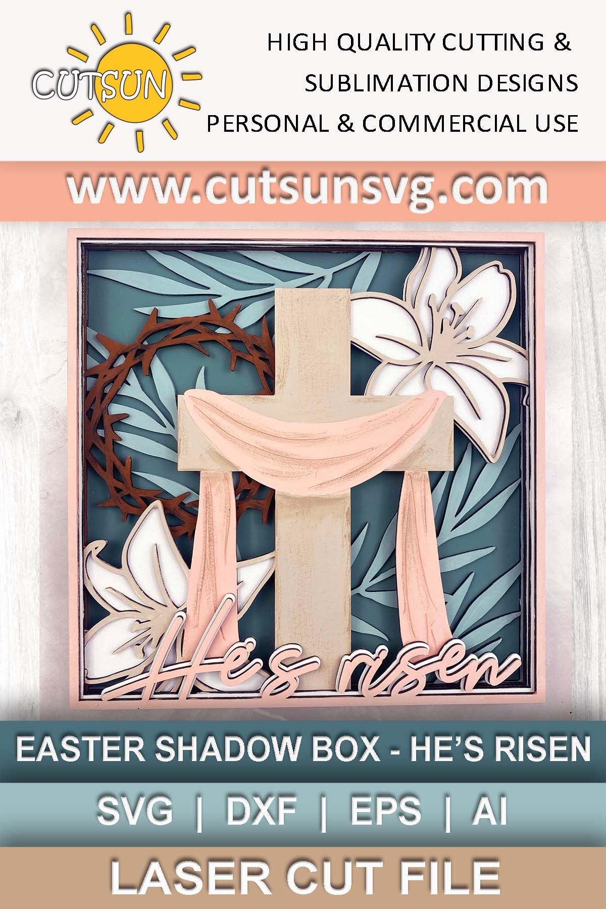 He Is Risen Shadow Box SVG | Easter Christian Wall Art SVG | Religious Resurrection Cross SVG | Easter svg