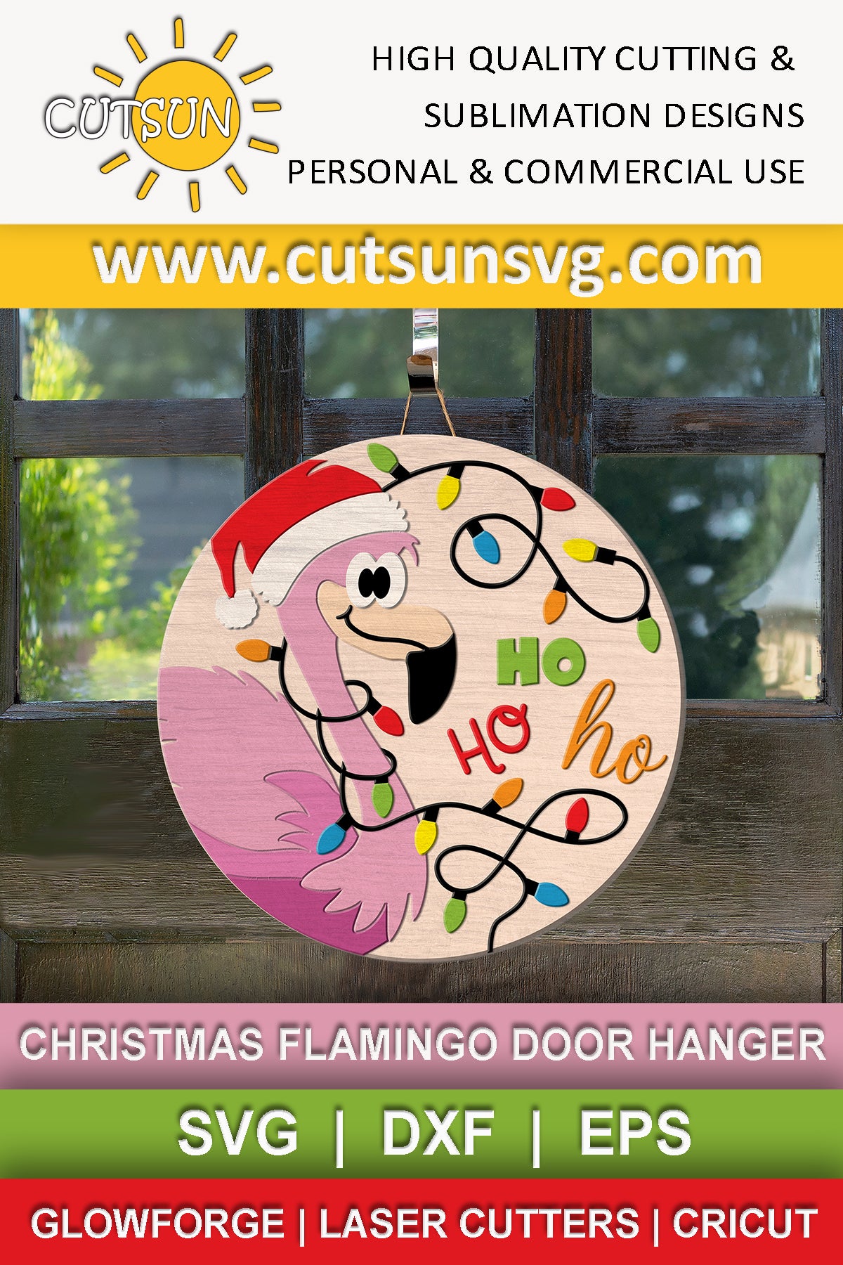 Christmas Flamingo with a string of Christmas lights, Santa hat and Ho ho ho - svg digital download