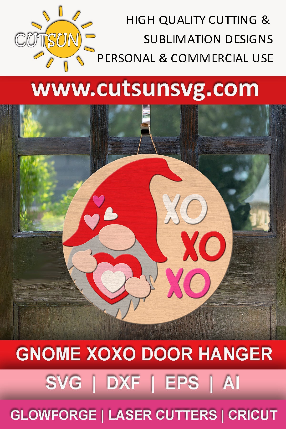 SVG digital download for a Valentine's day door hanger featuring a gnome holding a heart