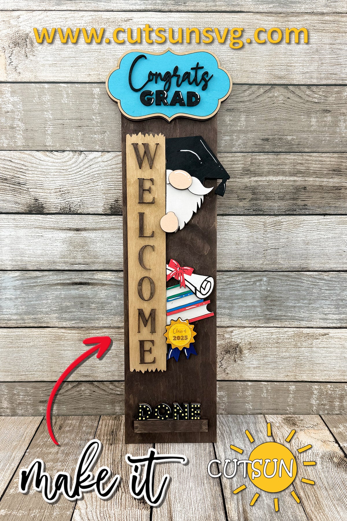 Graduation Porch Sign SVG File – Interchangeable Vertical Leaner Add-On with Gnome, Books, Diploma & Congrats Grad Text – Laser Cut Digital Download