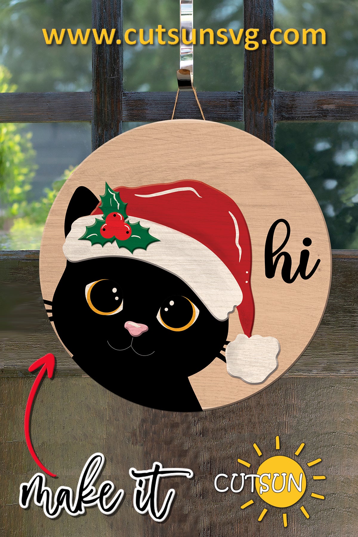 Cat Christmas door hanger Cat with Santa hat svg Laser cut file