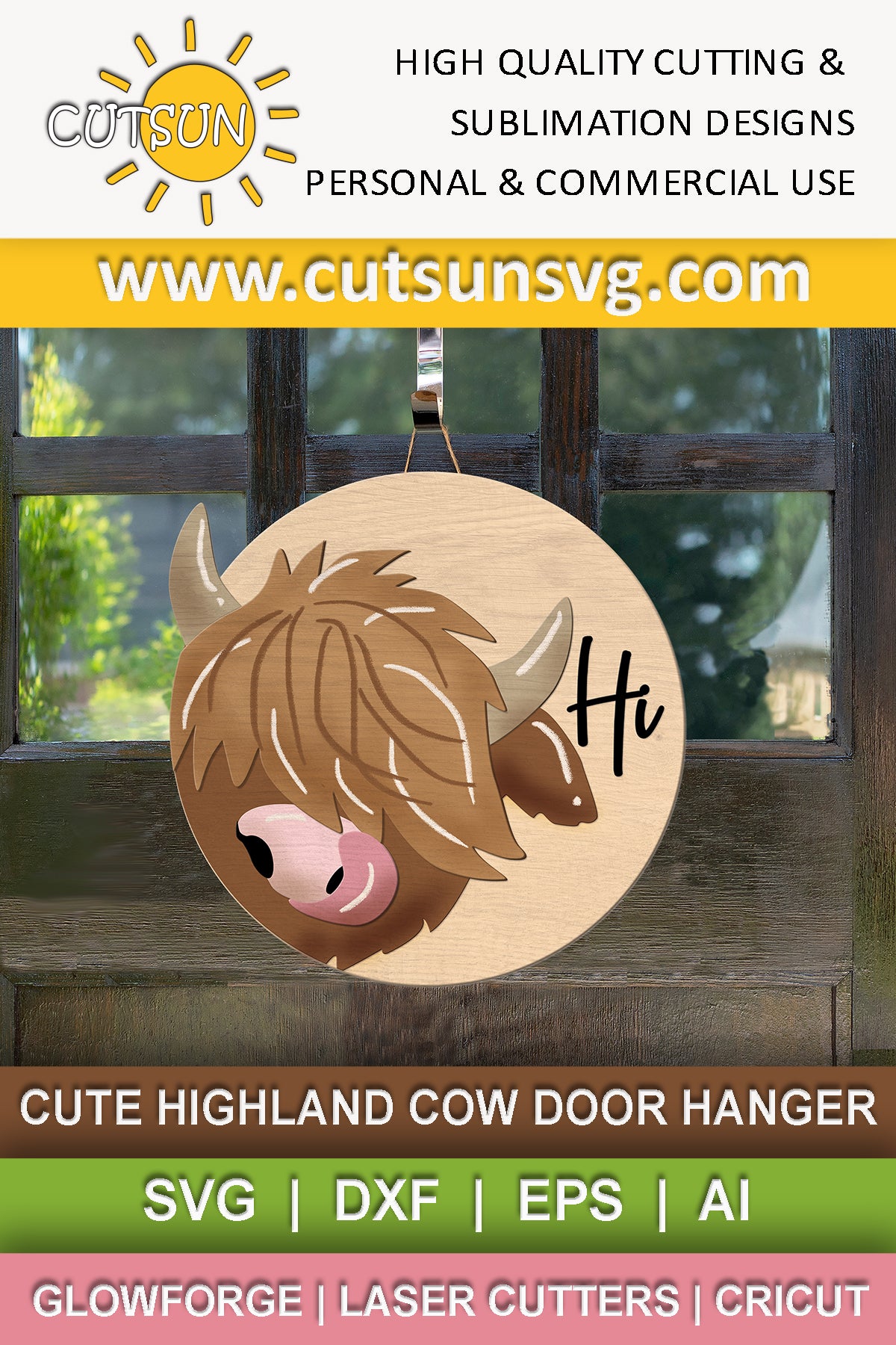 Highland Cow Door Hanger SVG | Cow Face SVG | Farmhouse Welcome Sign SVG | Glowforge SVG Laser Cut File | Cricut SVG