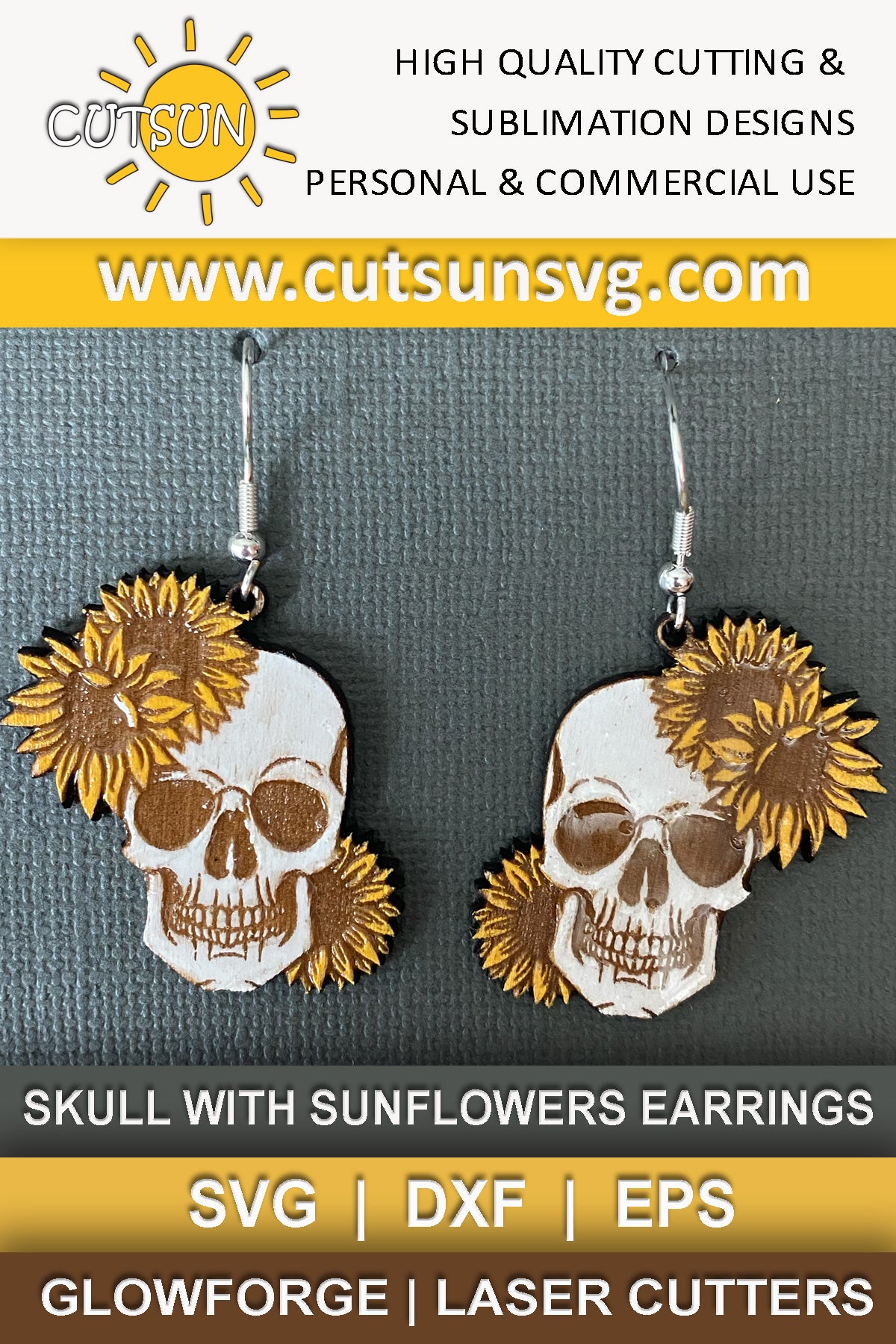 Skull Earrings SVG | Halloween Earrings with Sunflowers | Laser Cut File for Spooky Fall Jewelry