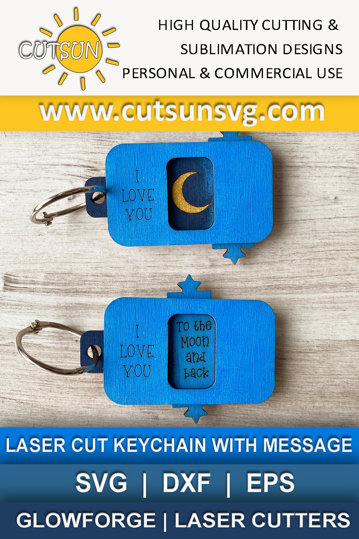SVG file for a keychain featuring the message "I love you to the Moon and back" and a Crescent Moon - for use with laser cutters