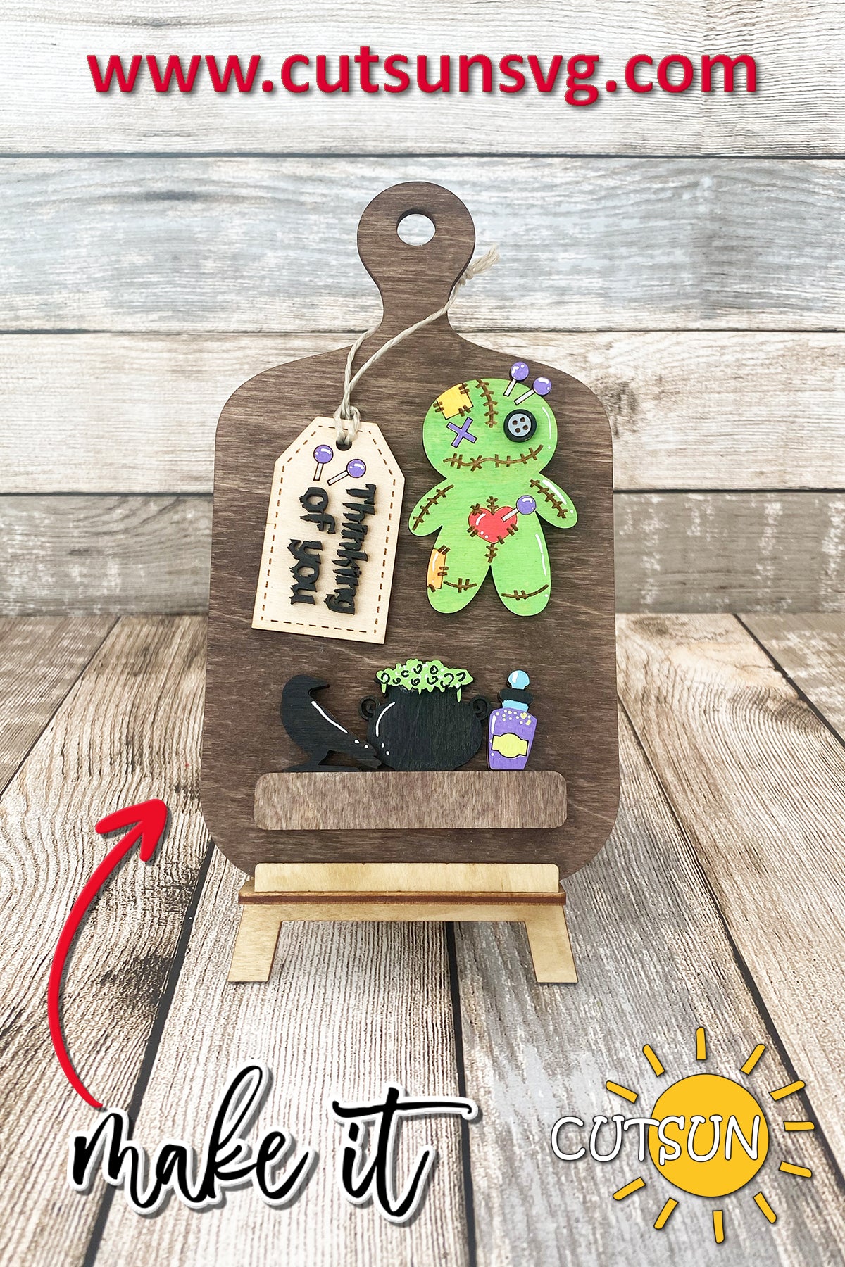 Voodoo Doll Interchangeable Cutting Board Decor SVG | “Thinking of You” Halloween Shelf Decor | Laser Cut File