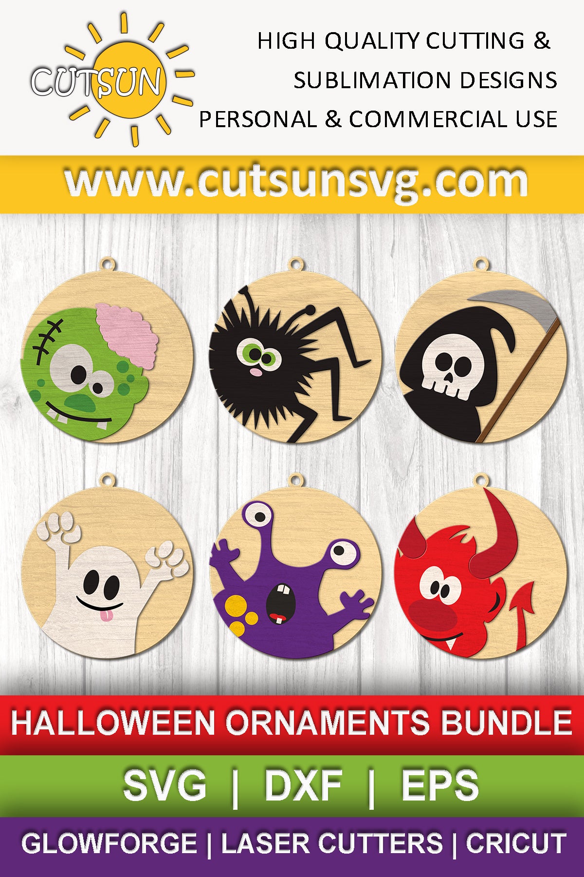Halloween ornaments SVG bundle featuring a cute zombie, spider, grim reaper, ghost, monster and devil