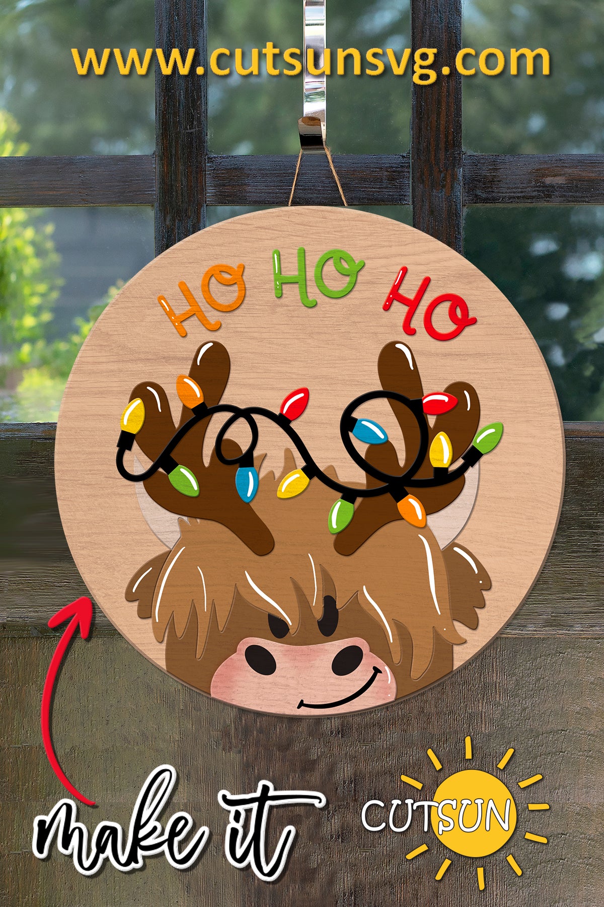 Highland Cow Ho Ho Ho Door Hanger SVG Christmas lights door hanger SVG