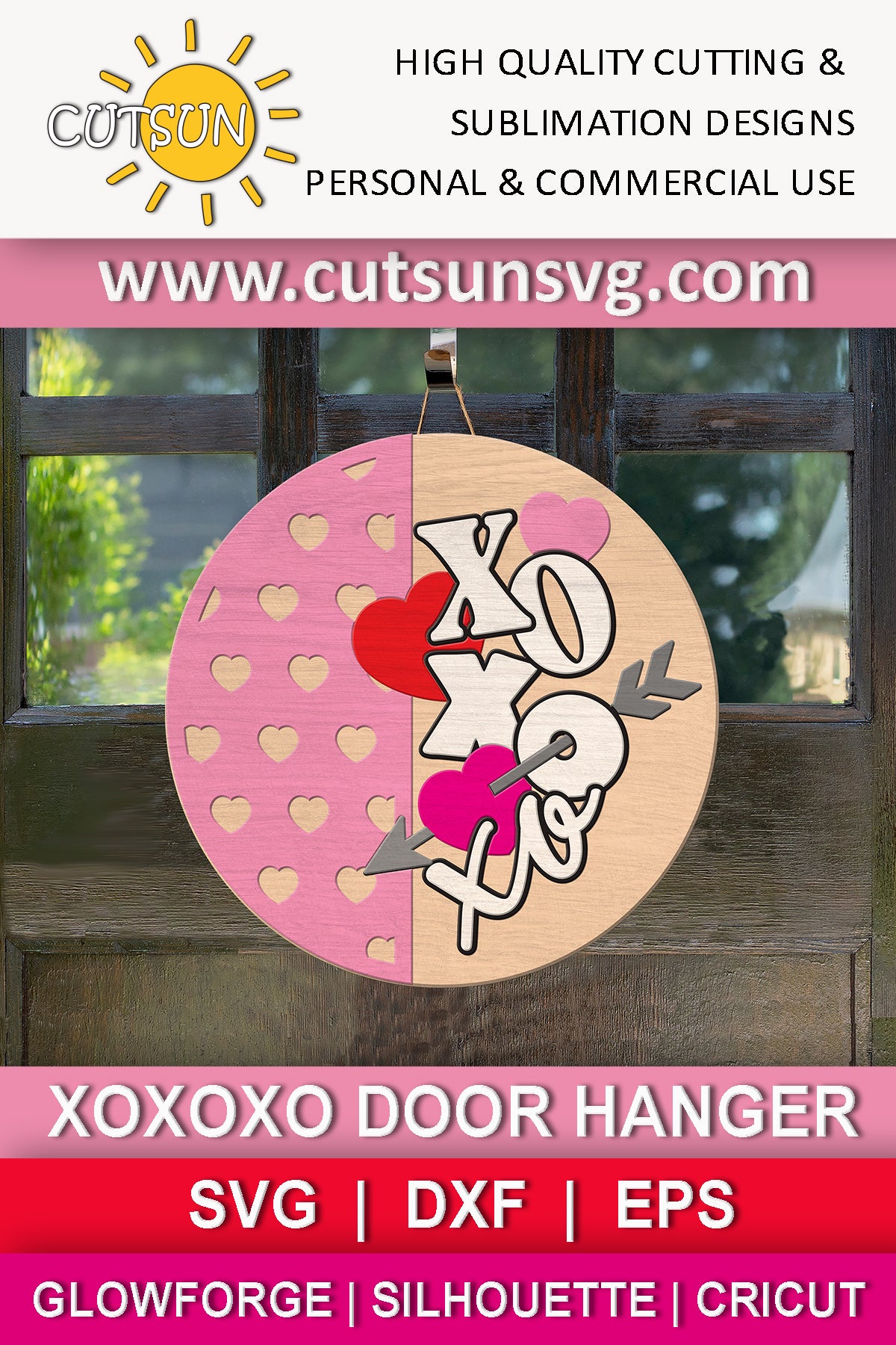 Xoxoxo with hearts round door hanger SVG file for use with laser cutters and / or Cricut / Silhouette craft cutting machines