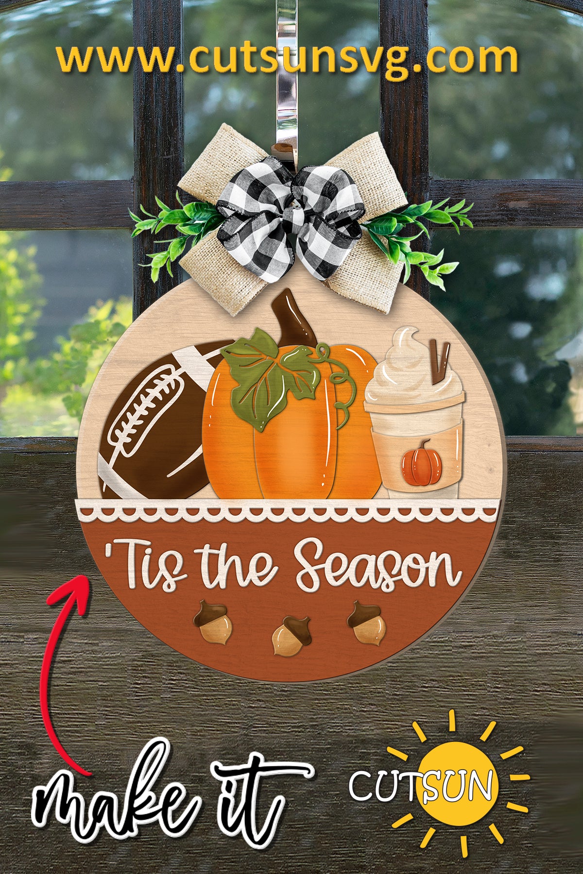 Tis the Season Round Sign SVG | Football Pumpkin Latte Door Hanger | Fall Laser Cut Files for Glowforge