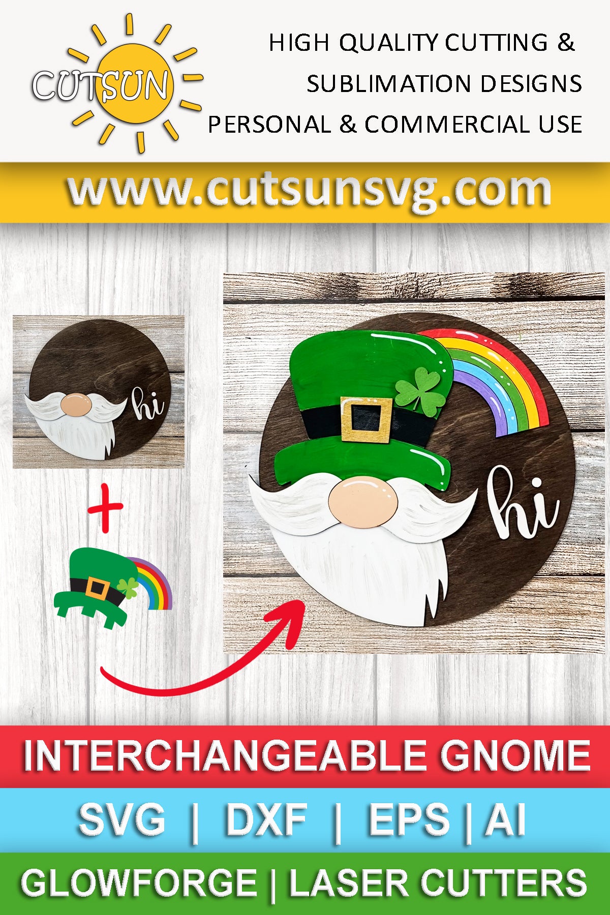 Interchangeable Round Gnome door hanger SVG St Patrick's day Add-on Gnome Hi Door hanger svg Glowforge SVG Laser cut file