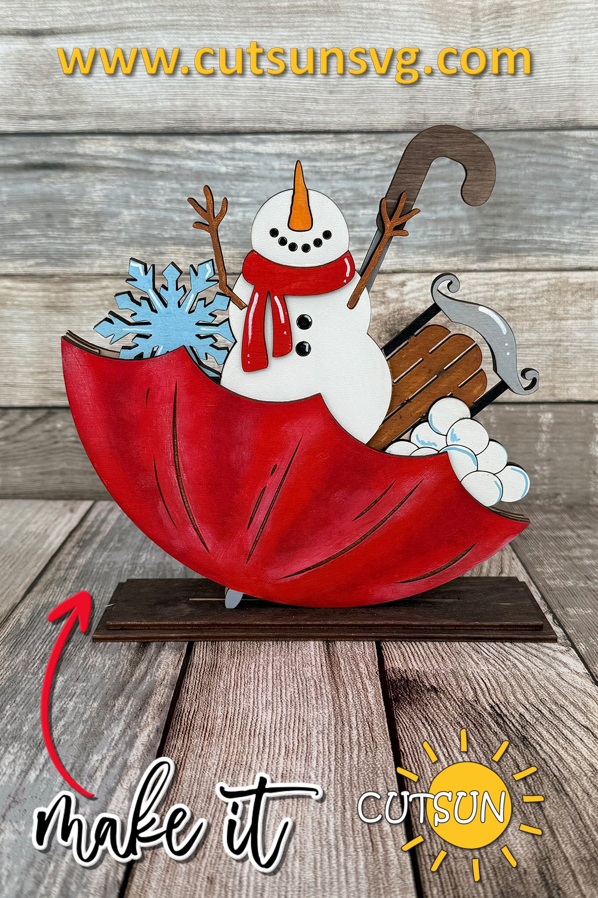 Winter Add-On for Upside Down Umbrella Shelf Sitter – Snowman, Sled & Snowballs SVG Laser Cut File