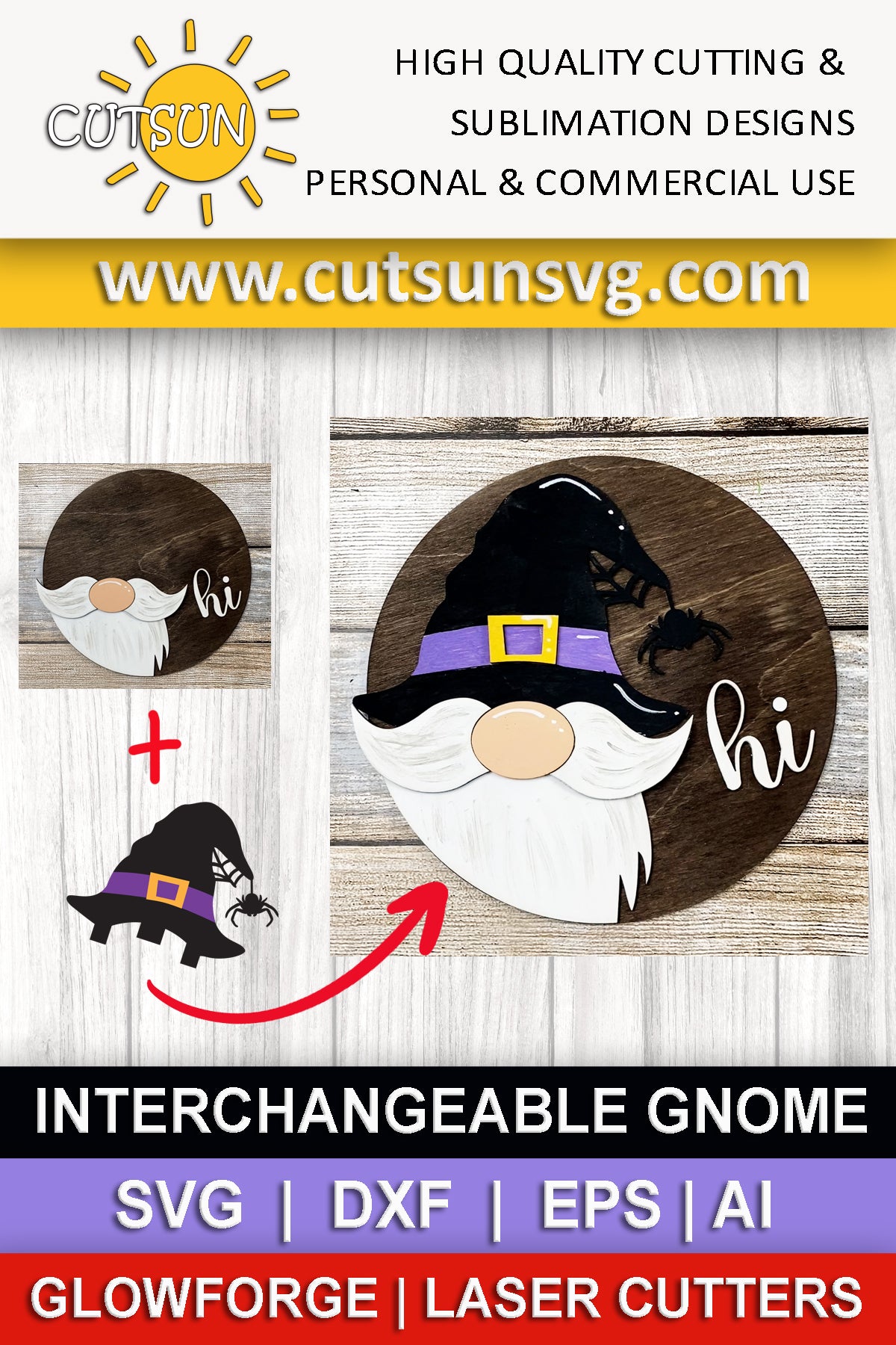 Interchangeable Round Gnome door hanger SVG Witch Gnome svg Halloween Gnome svg Add-on Gnome Hi Door sign svg Glowforge SVG Laser cut file