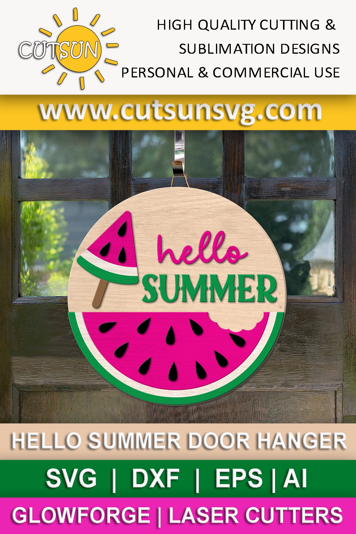 Watermelon Door Hanger SVG | Hello Summer Welcome Sign with Popsicle | Laser Cut File for Seasonal Decor | Cricut SVG