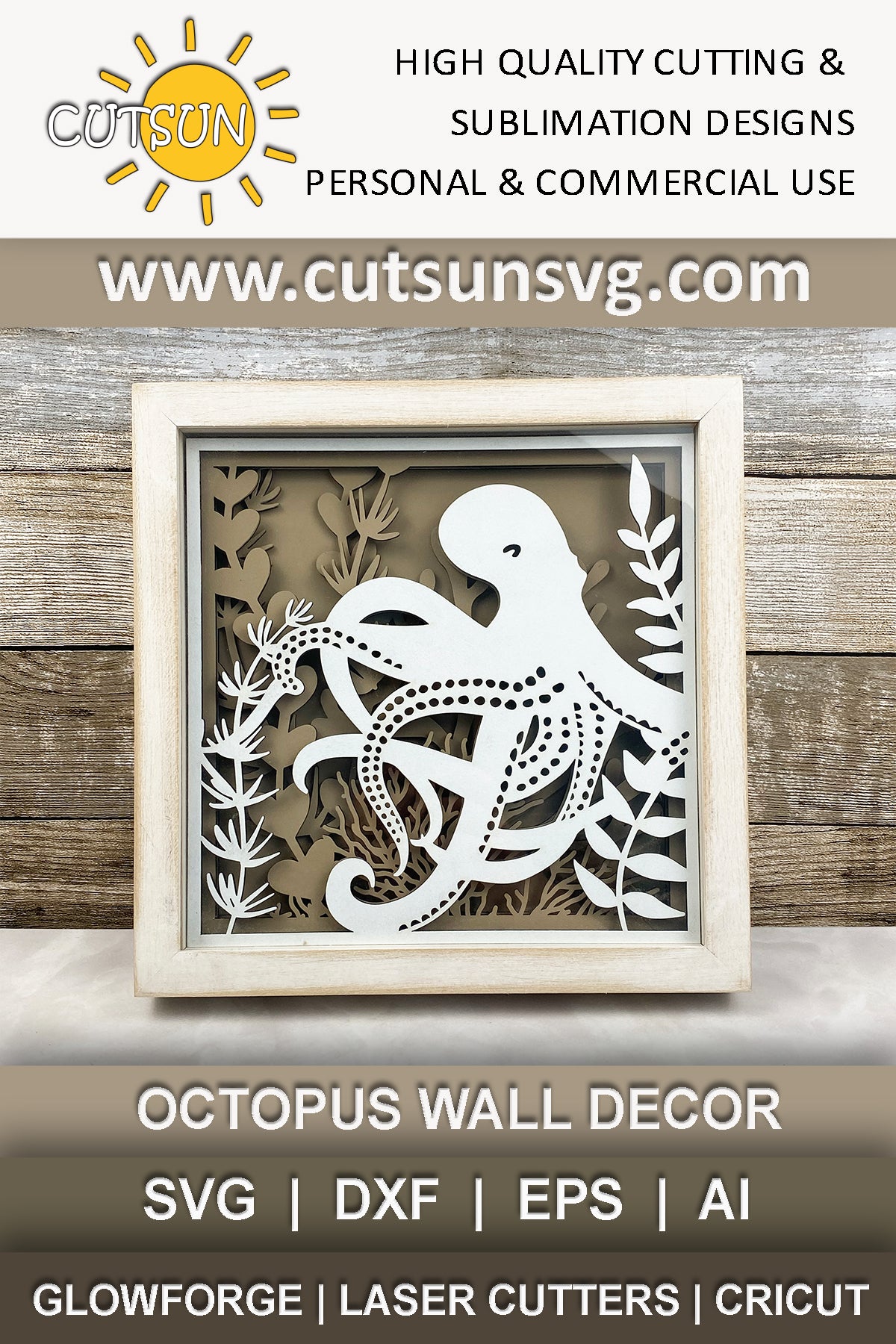 Layered octopus shadow box SVG with coral reef and sea plants – laser cut file for Glowforge and xTool