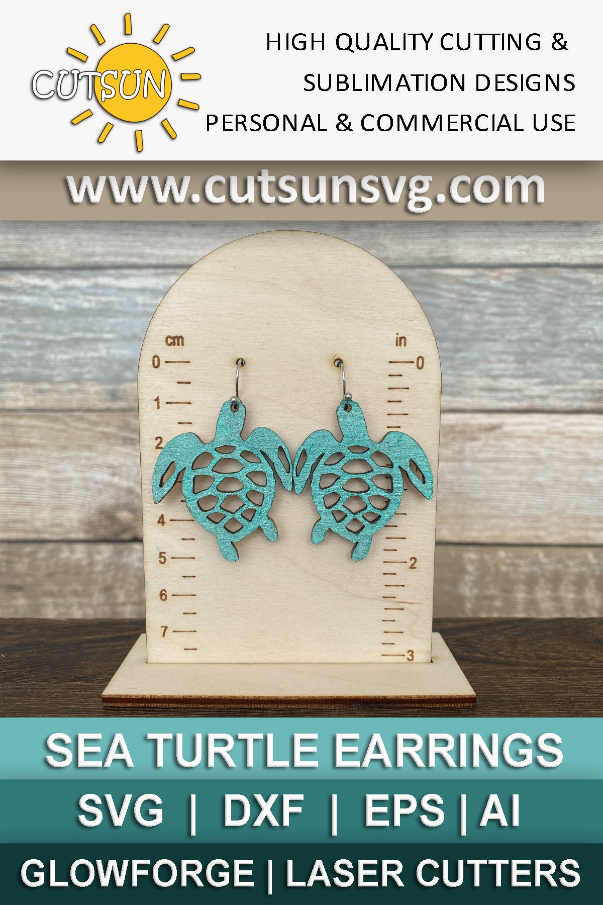 Pair of turquoise sea turtle earrings displayed on a wooden measurement stand, perfect for laser-cut jewelry crafts.
