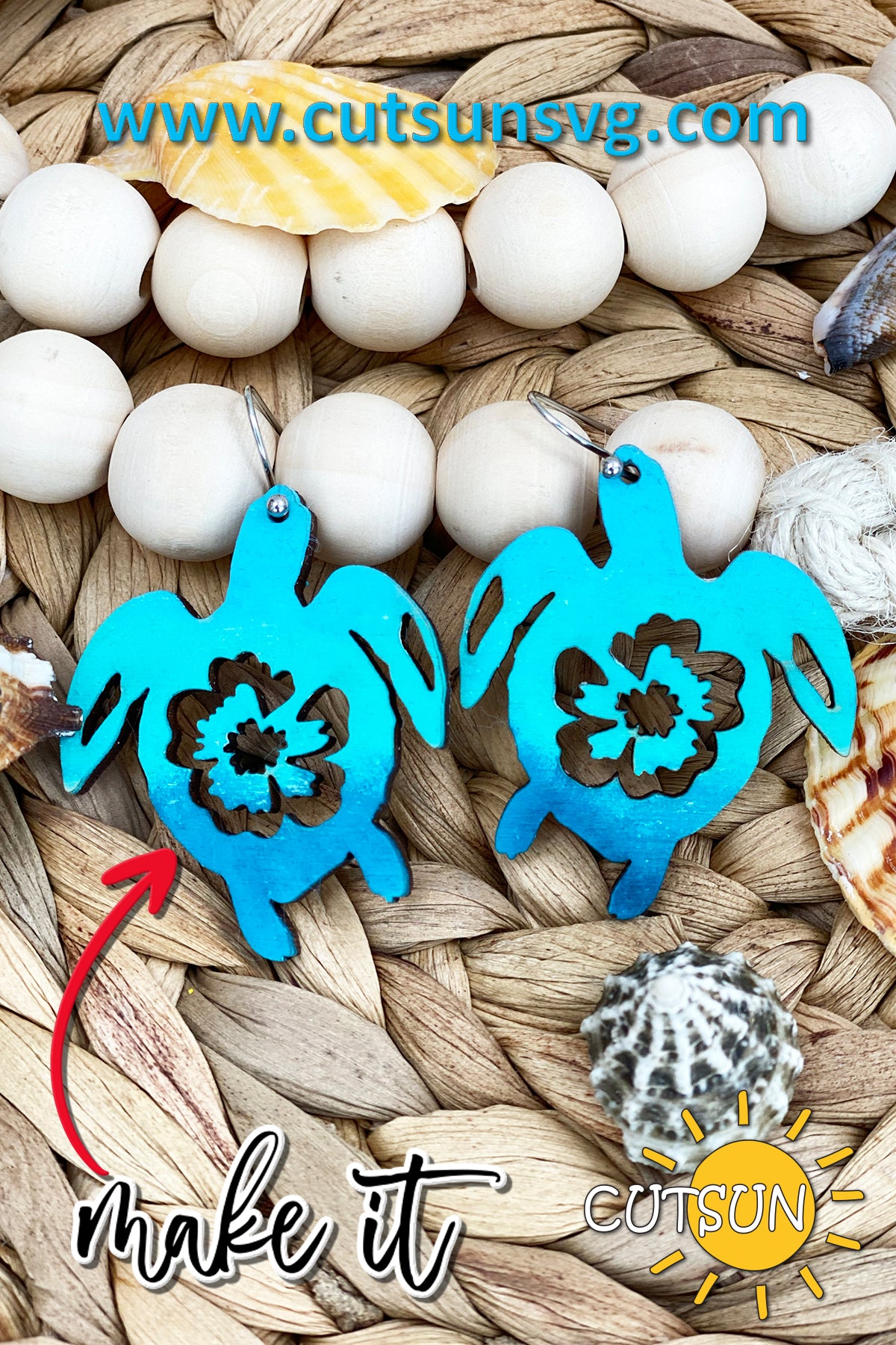 Pair of turquoise sea turtle earrings displayed on a wooden measurement stand, perfect for laser-cut jewelry crafts.