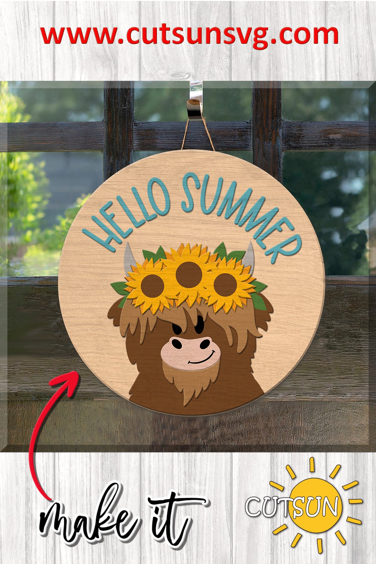 Hello summer Sunflowers door hanger svg Highland Cow door sign SVG Sunflower svg Glowforge svg Laser cut file Cricut SVG