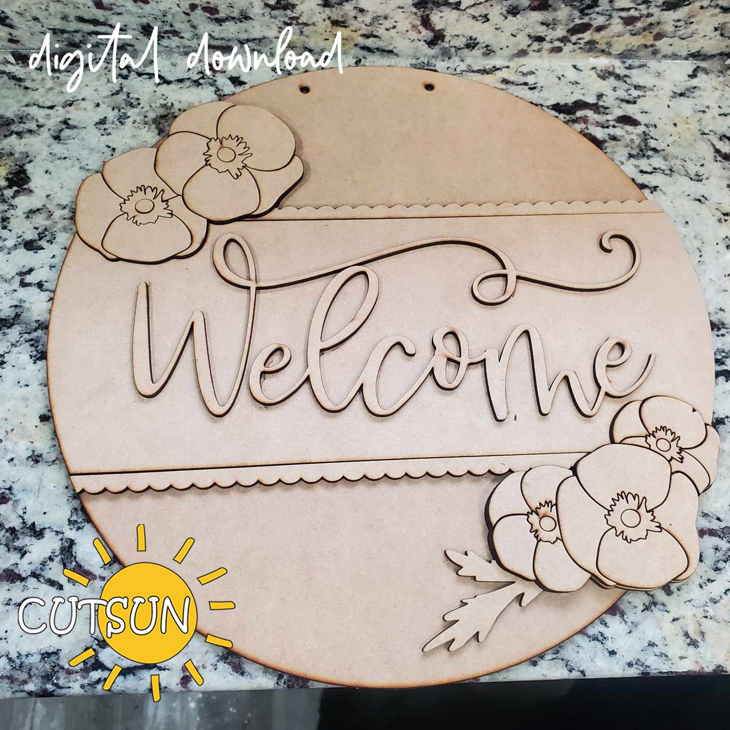 Poppy Welcome Sign SVG – Layered Floral Door Hanger File for Laser Cutting
