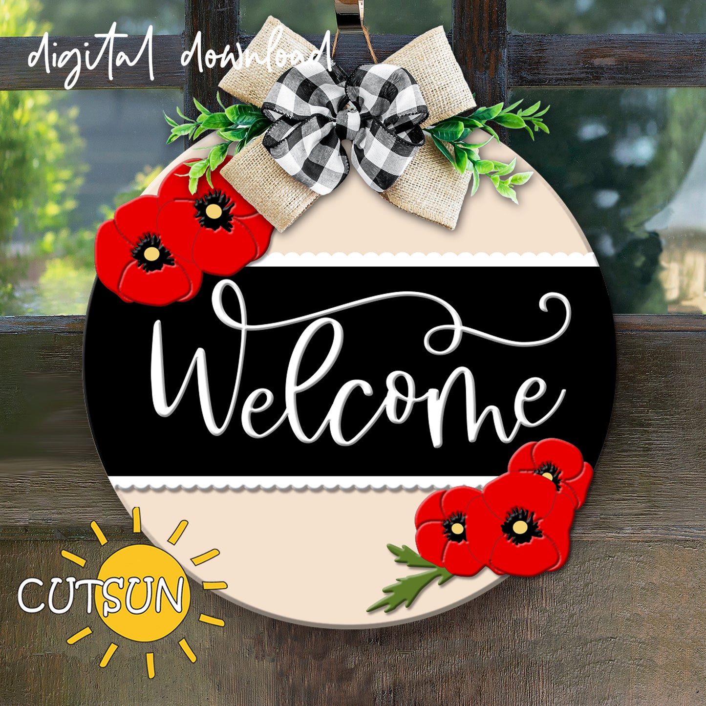Poppy Welcome Sign SVG – Layered Floral Door Hanger File for Laser Cutting