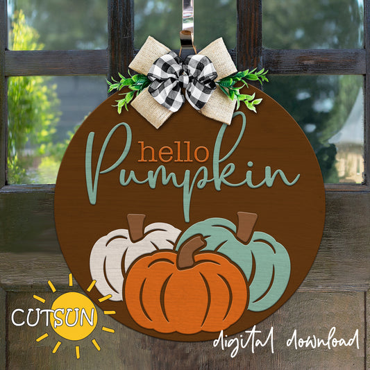 A digital door hanger featuring three stylized pumpkins with the text 'Hello Pumpkin' on a brown background, with a bow on top. The creator's logo 'Cutsun' is visible at the bottom.