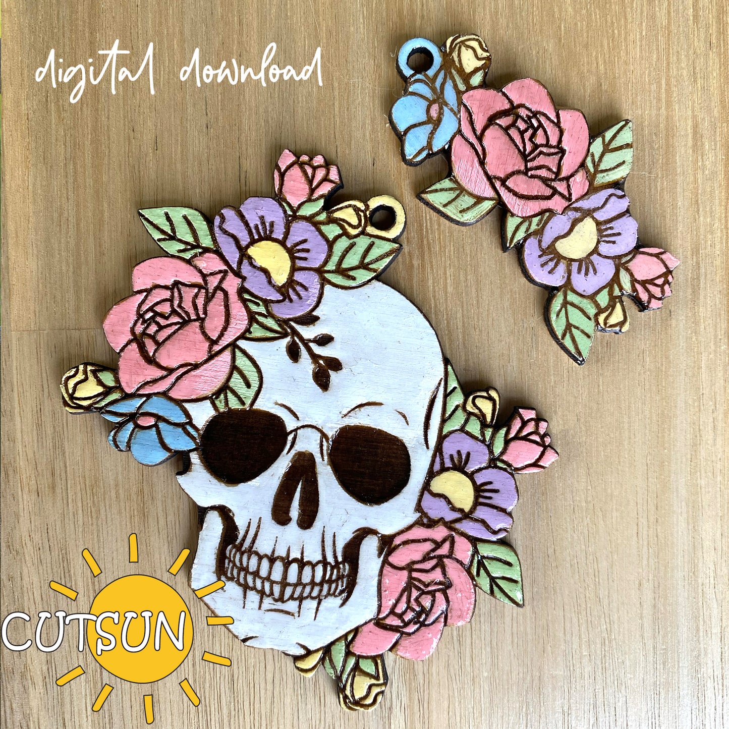 Floral skull charm SVG Floral Skull magnet laser cut SVG