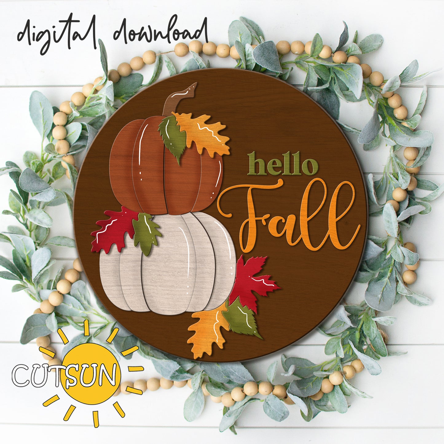 Hello Fall Round Sign SVG – Pumpkin Door Hanger Laser Cut File with Autumn Leaves for Glowforge & xTool