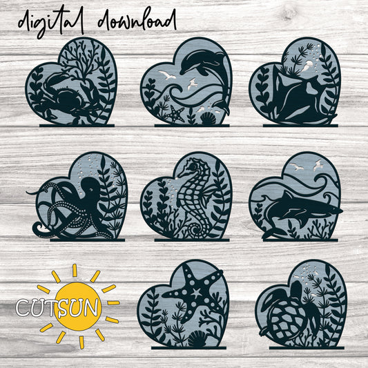 Set of heart-shaped animal silhouettes on a wooden background with 'CUTSUN' logo.