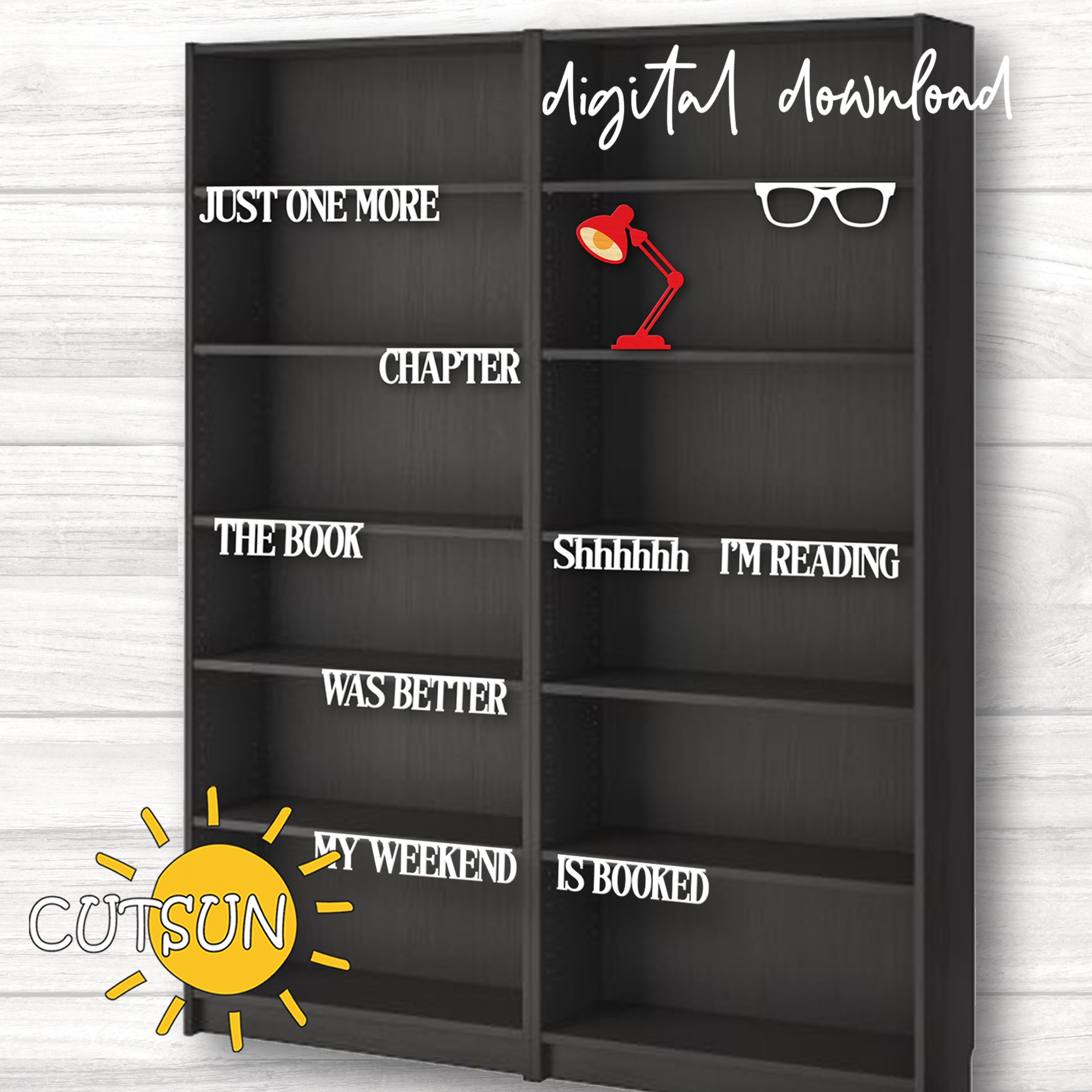 Black bookshelf with decorative items and text on a white background