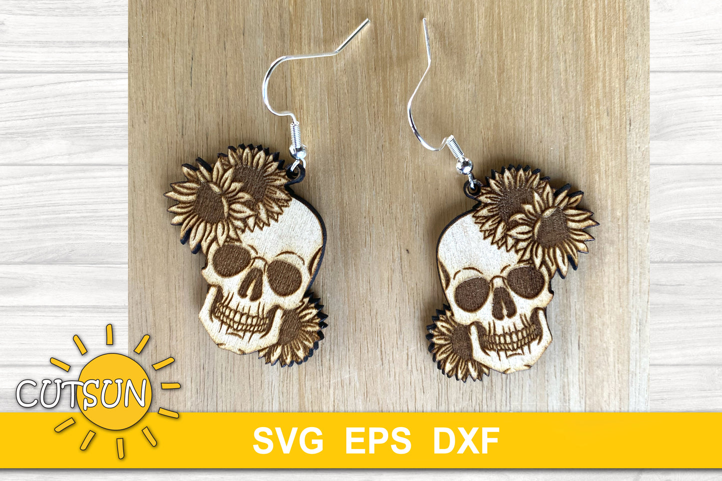 Skull Earrings SVG | Halloween Earrings with Sunflowers | Laser Cut File for Spooky Fall Jewelry
