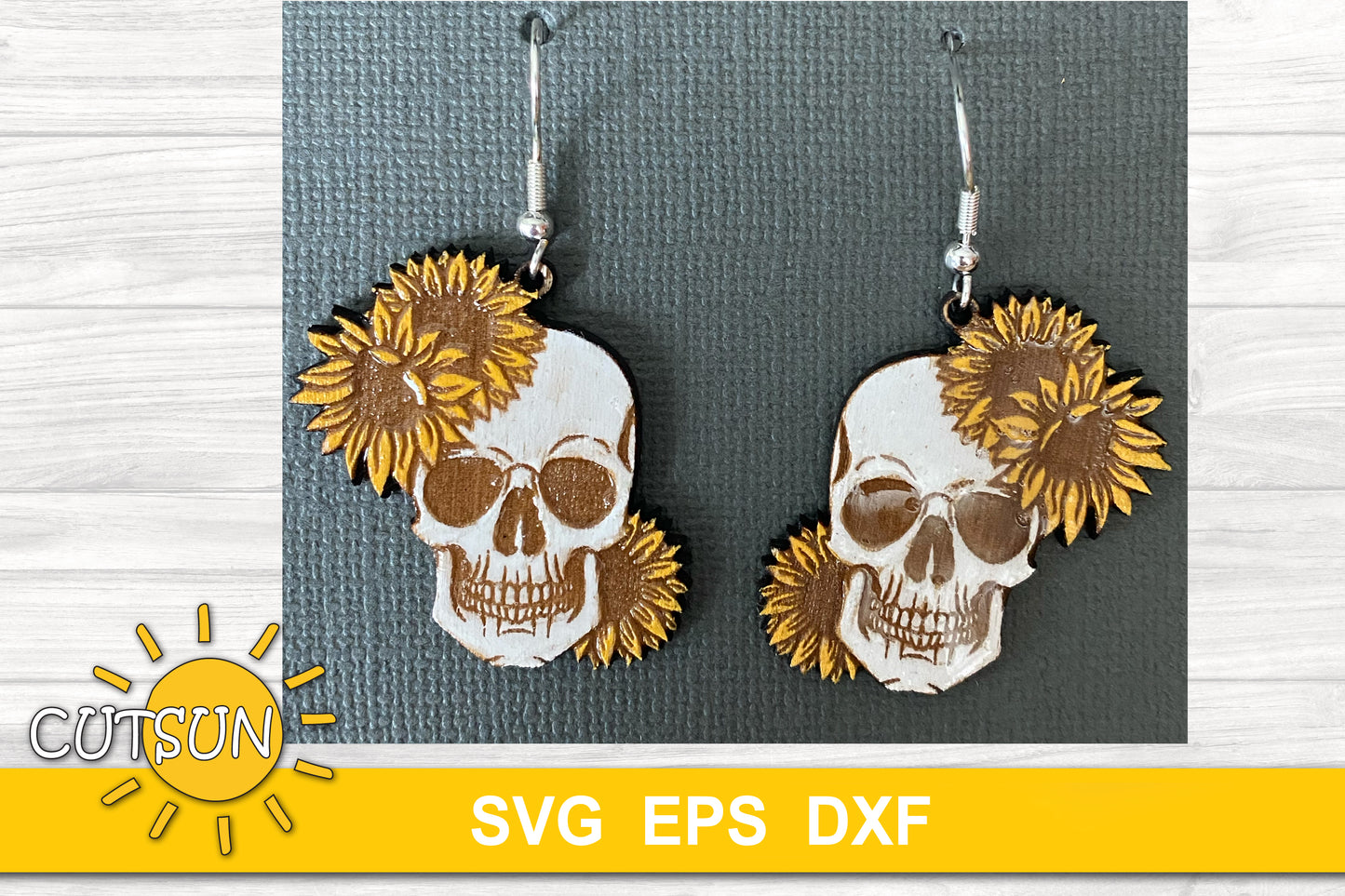 Skull Earrings SVG | Halloween Earrings with Sunflowers | Laser Cut File for Spooky Fall Jewelry