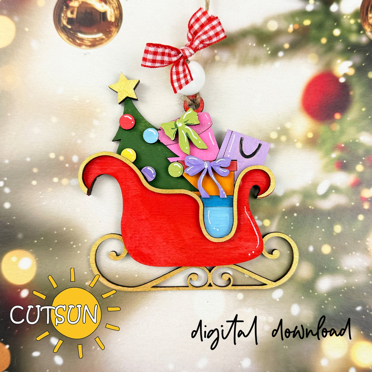 Christmas Sleigh Ornament SVG – Santa Sleigh with Gifts and Tree | Laser Cut File