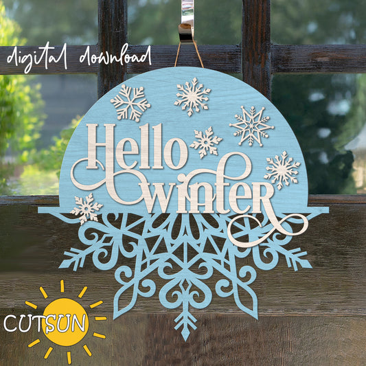 A digital door hanger with a half round shape, featuring the text 'Hello winter' and a snowflake design, created by Cutsun.
