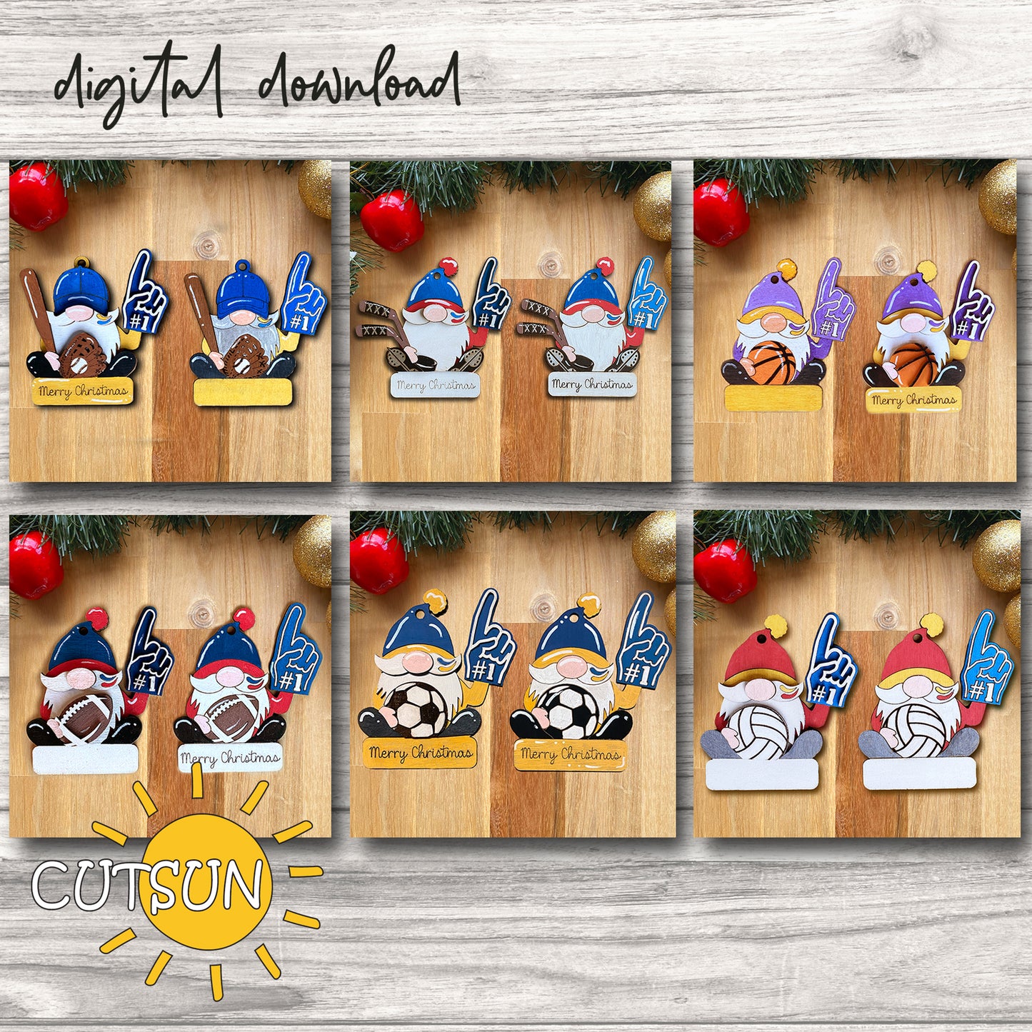 Sport Gnomes Christmas ornaments svg bundle Laser cut file Football svg Gnome svg Basketball svg Baseball svg Soccer svg Hockey svg