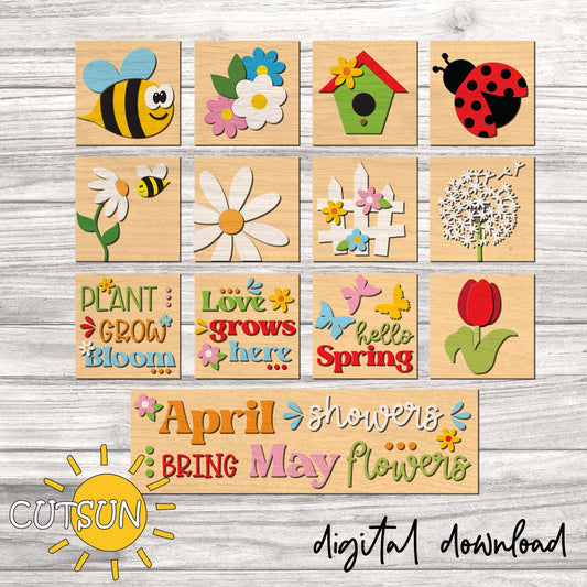 Set of wooden stamps with spring-themed designs on a wooden background, featuring stamps of a bee, flower, birdhouse, ladybug, dandelion, and more.