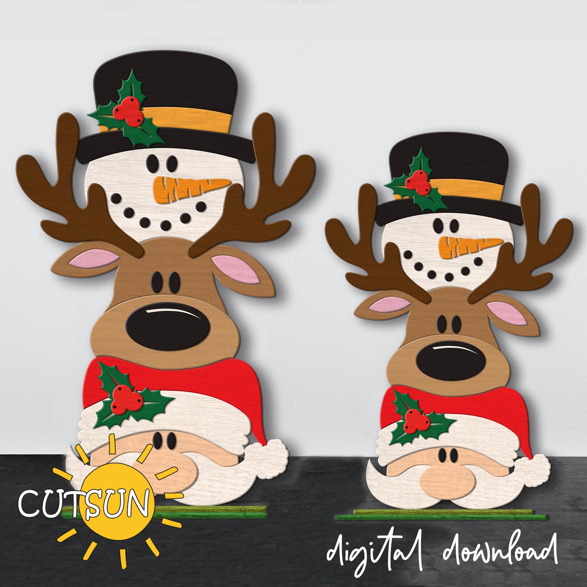 Santa, deer and Snowman stacked shelf sitter in two sizes - digital download for laser cutting