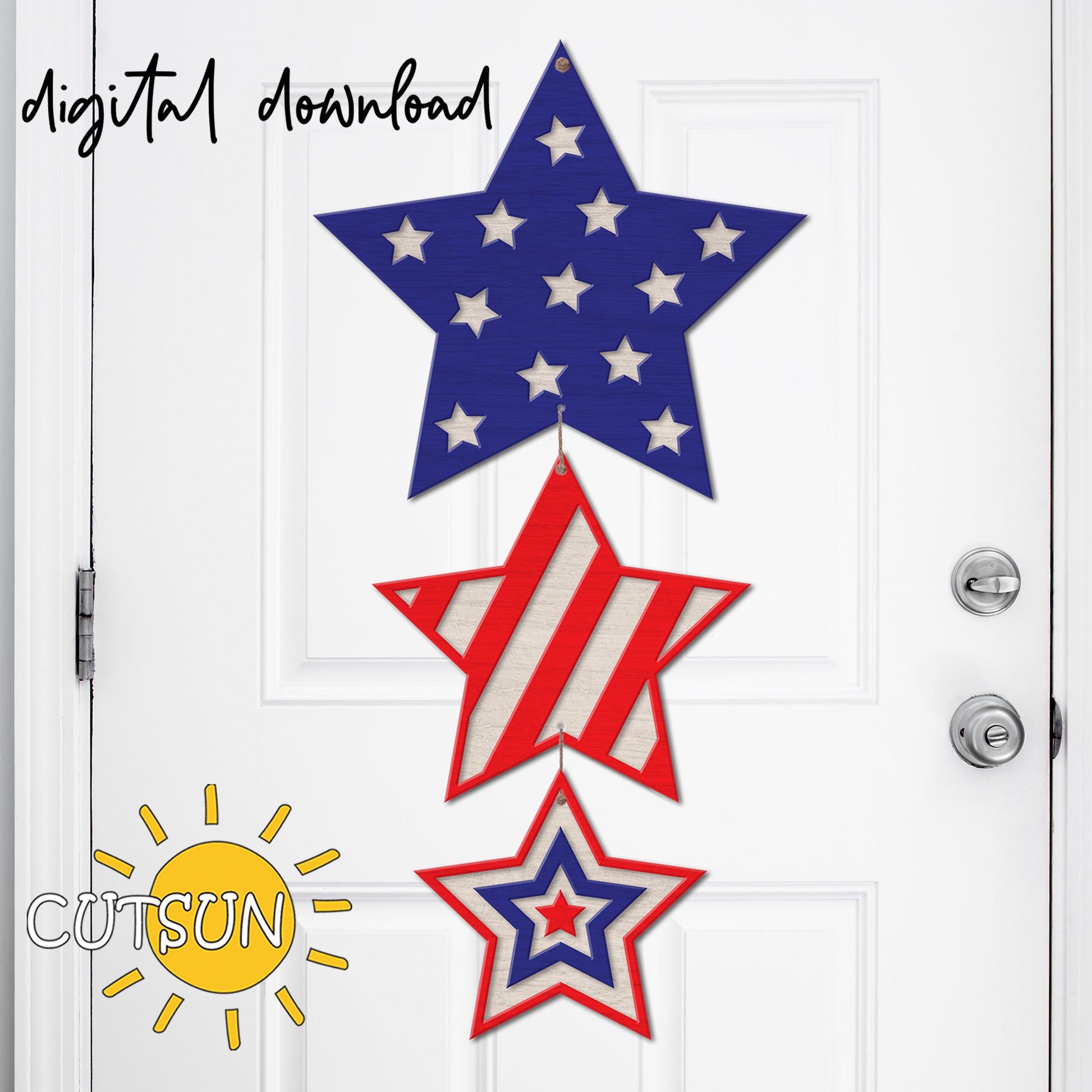 A digital download image showing three patriotic stars in red, white, and blue colors arranged on a door, indicating a layered door hanger design.