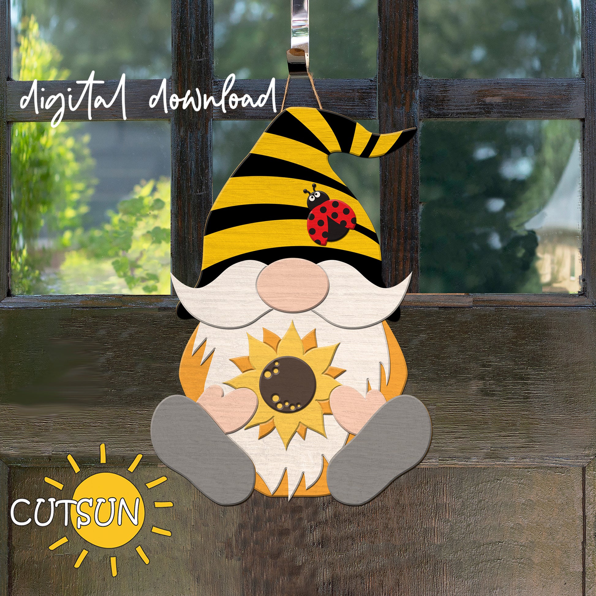 A digital download image of a gnome with a sunflower and a striped hat featuring a ladybug, designed for laser cutting.