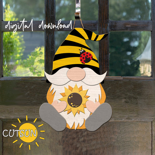 A digital download image of a gnome with a sunflower and a striped hat featuring a ladybug, designed for laser cutting.