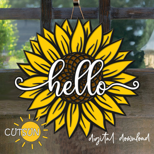 A digital download of a sunflower-shaped sign with the words 'Hello' and 'Welcome' in a cursive script, indicating a round, laser-cut sign with a yellow sunflower design and green leaves.